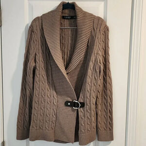 Lauren Ralph Lauren Cable Knit v-neck Sweater with Buckle Closure Taupe XL
